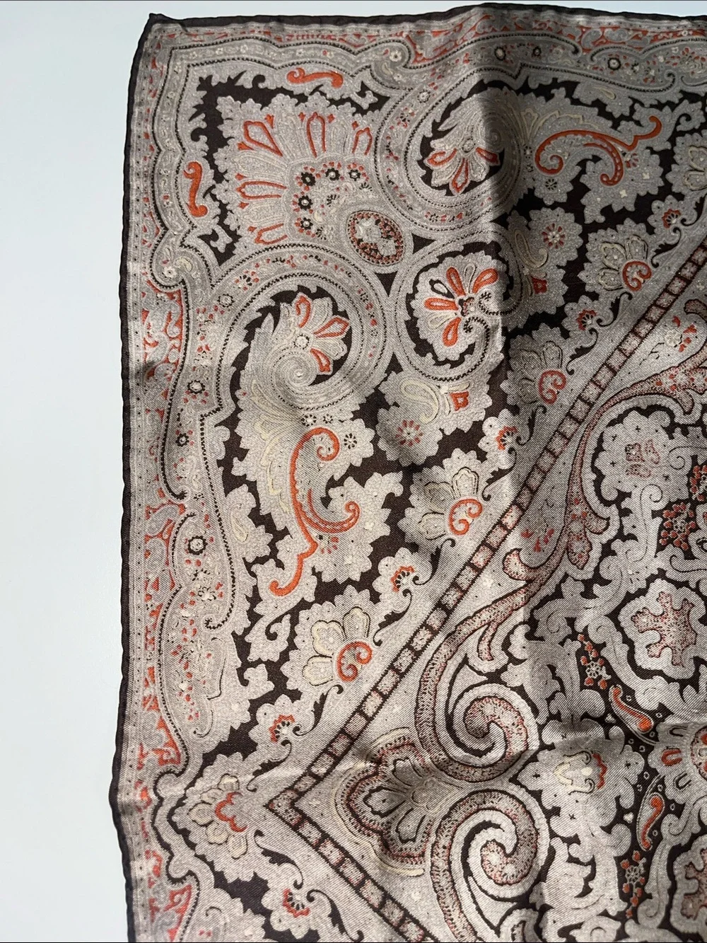 Source Unknown Taupe and Coral Paisley Square Silk Scarf